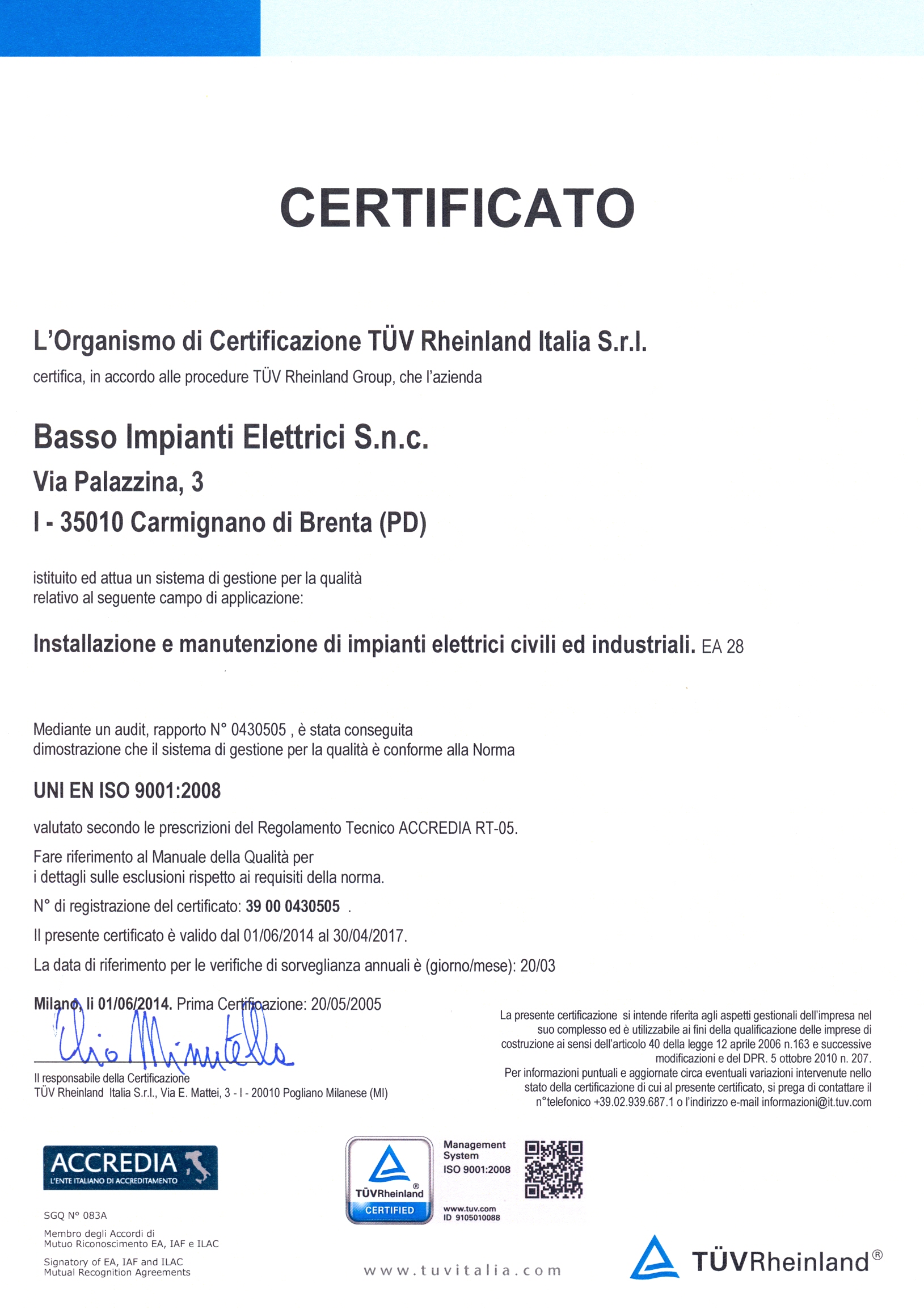 Basso impianti elettrici s.n.c. Certificato impianto elettrico a norma